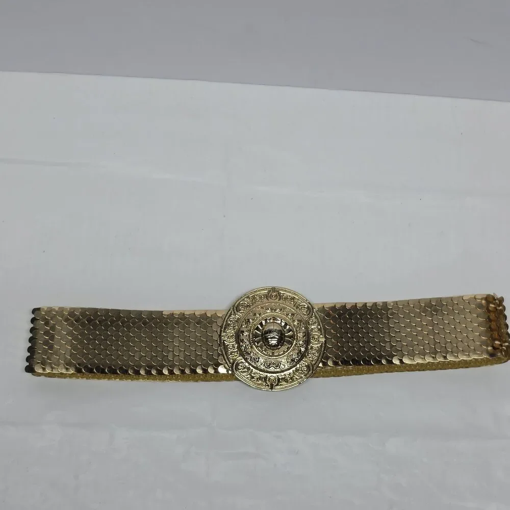 Vintage 80s Gold Tone Metal Scale Stretch Belt Womens Sz XS/S Retro Disco Boho